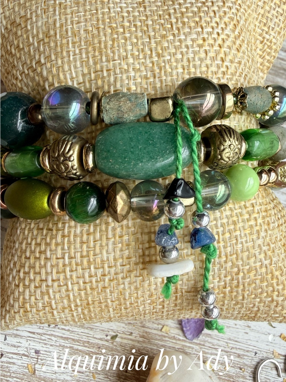 Green gems Mixed-Bead Stretch Bracelet Set
